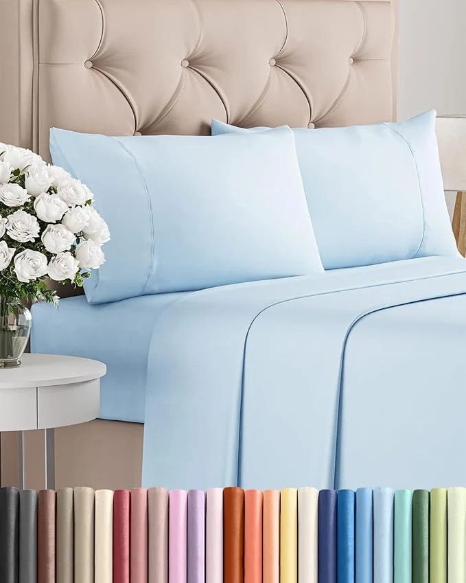 Smooth Twin XL 4 Piece Sheet Set – Comfy Breathable amp Cooling – Ultra-Soft Hotel Luxury Bedding Set w 8-16 Inch Deep Pockets – 1 Flat amp 1 Fitted Sheet amp 2 Pillowcases – Wrinkle amp Easy Care – Baby Blue User-Friendly