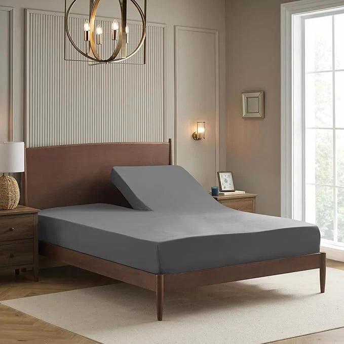 World-Class Split Head King Sheets Set for Adjustable Beds 4 Piece Flex Top Bed Sheets – Deep Pocket Split Top Fitted Sheet with Built-in Corner Straps Luxury Soft Cooling Bedding Wrinkle Resistant Gray User-Friendly