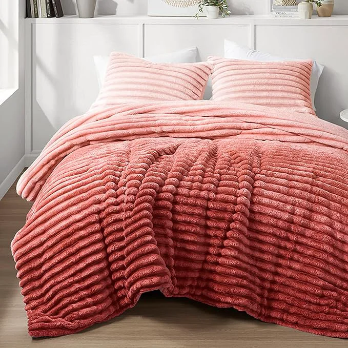 Safe Intelligent Design Queen Comforter Set Plush Bedding Microfiber Reverse 3 Piece Lightweight Super Soft Ribbed Velvet Comforter 2 Shams All Season Fluffy Bed Set Avril Full Queen Blush Ombre High-Quality