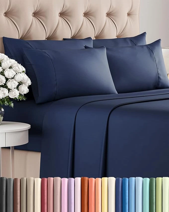 Cal King 6 Piece Sheet Set – Comfy Breathable amp Cooling – Ultra Soft Hotel Luxury Bedding Set w 8-16 Inch Deep Pockets – 1 Flat amp 1 Fitted Sheet amp 4 Pillowcases – Wrinkle amp Easy Care – Navy Blue Fashionable