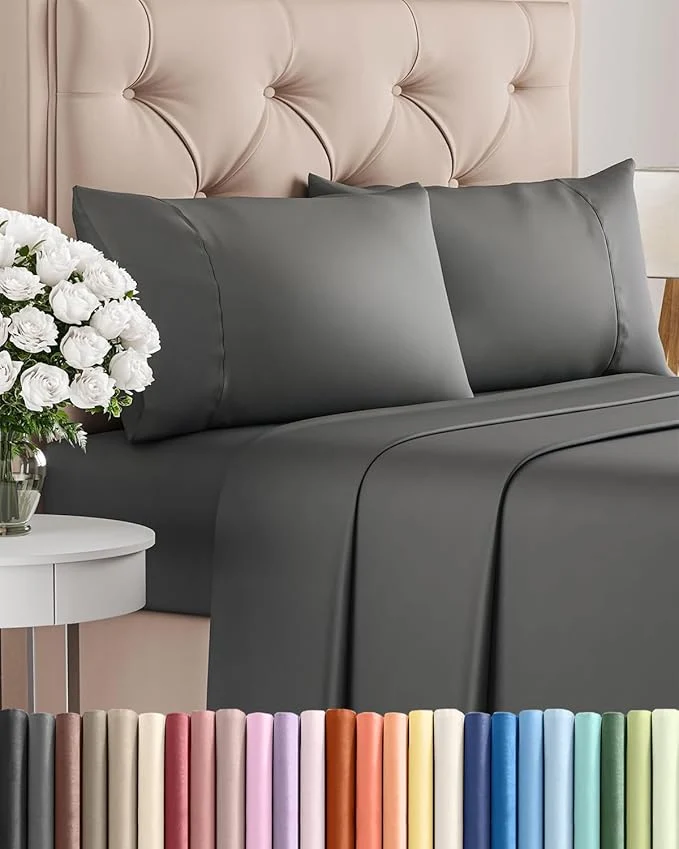 Convenient Twin XL 4 Piece Sheet Set – Comfy Breathable amp Cooling – Ultra-Soft Hotel Luxury Bedding Set w 8-16 Inch Deep Pockets – 1 Flat amp 1 Fitted Sheet amp 2 Pillowcases – Wrinkle amp Easy Care – Charcoal First-Class