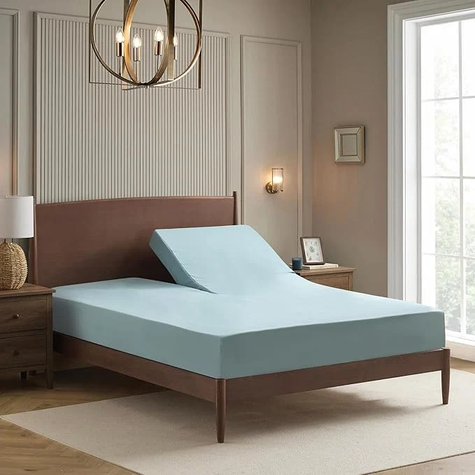 Split Head King Sheets Set for Adjustable Beds 4 Piece Flex Top Bed Sheets – Deep Pocket Split Top Fitted Sheet with Built-in Corner Straps Luxury Soft Cooling Bedding Wrinkle Resistant Misty Blue Original Design