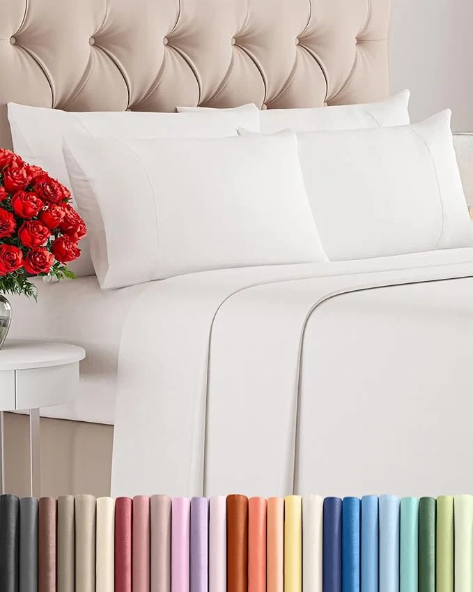 Reusable Cal King 6 Piece Sheet Set – Comfy Breathable amp Cooling – Soft Hotel Luxury Bedding Set with 8-16 Inch Deep Pockets – 1 Flat amp 1 Fitted Sheet amp 4 Pillowcases – Wrinkle amp Easy Care – Antique White Trusted