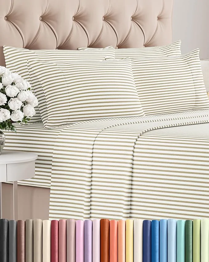 Efficient Cal King 6 Piece Sheet Set – Comfy Breathable amp Cooling – Soft Hotel Luxury Bedding Set w 8-16 Inch Deep Pockets – 1 Flat amp 1 Fitted Sheet amp 4 Pillowcases – Wrinkle amp Easy Care – Beige Stripes 2 Expertly Made