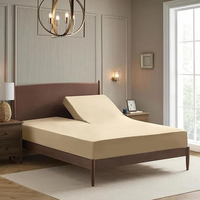 Professional Split Head King Sheets Set for Adjustable Beds 4 Piece Flex Top Bed Sheets – Deep Pocket Split Top Fitted Sheet with Built-in Corner Straps Luxury Soft Cooling Bedding Wrinkle Resistant Beige Advanced