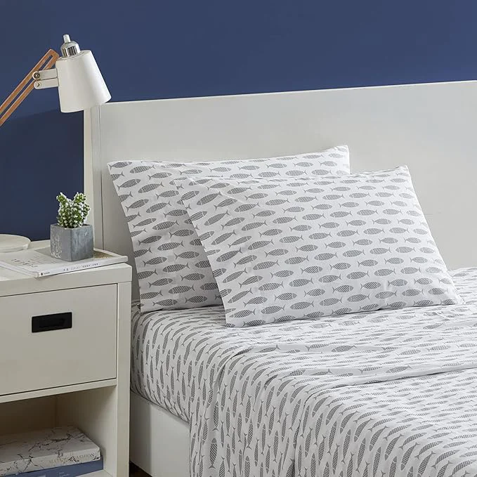 Durable Nautica – Full Size Sheet Sets Cotton Percale Bedding Set Crisp amp Cool Coastal Home Decor Woodblock Fish Grey Full Crafted