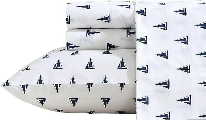 Smooth Nautica – Sheets Cotton Percale Bedding Set with Matching Pillowcase Crisp amp Cool Deep Pocket Windtale Boat Navy Twin XL Organic