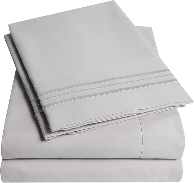 Comfortable 1500 Supreme Collection Queen Sheet Sets Light Gray Silver – Luxury Hotel Bed Sheets and Pillowcase Set for Queen Mattress – Extra Soft Elastic Corner Straps Deep Pocket Sheets Queen Silver Gray Minimalist