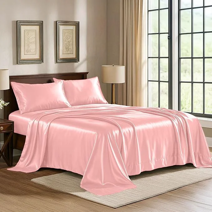 Proven Pure Bedding Satin Sheets Full 4-Piece Pink Hotel Luxury Silky Bed Sheets – Extra Soft 1800 Microfiber Sheet Set Wrinkle Fade Deep Pocket Fitted Sheet Flat Sheet Pillow Cases Top-Quality