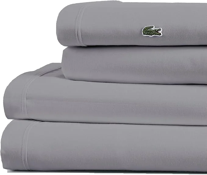 Detailed Lacoste Cotton Percale 4-Piece Sheet Set – Cool Crisp Matte and Durable Oeko-Tex – Solid Sleet King User-Friendly