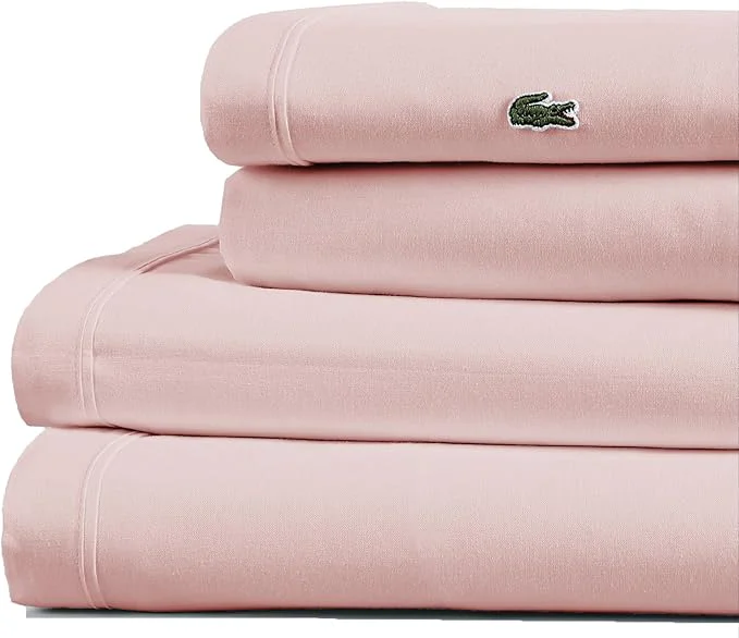 Secure Lacoste Cotton Percale 4-Piece Sheet Set – Cool Crisp Matte and Durable Oeko-Tex – Solid Iced Pink Queen High-Grade