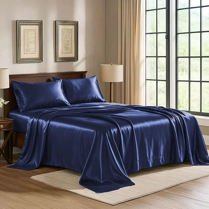 Top-Quality Satin Sheets Queen 4-Piece Midnight Blue Hotel Luxury Silky Bed Sheets – Extra Soft 1800 Microfiber Sheet Set Wrinkle Fade Stain Resistant – Deep Pocket Fitted Sheet Flat Sheet Pillow Cases Verified
