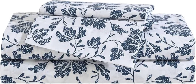 Elegant Eddie Bauer – Queen Sheet Set Premium Cotton Percale Bedding Set Floral Home Decor Oeko-Tex Woodblock Floral Blue Queen Top-Quality