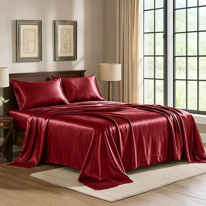 Smooth Satin Sheets King 4-Piece Burgundy Hotel Luxury Silky Bed Sheets – Extra Soft 1800 Microfiber Sheet Set Wrinkle Fade Stain Resistant – Deep Pocket Fitted Sheet Flat Sheet Pillow Cases Green