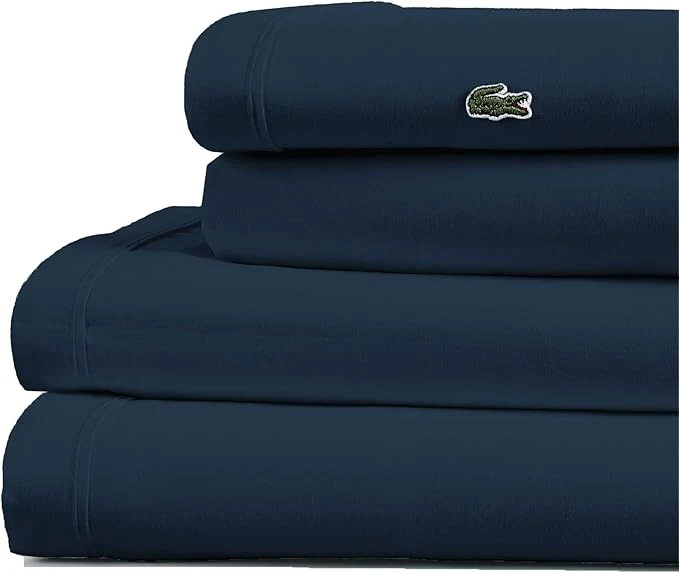Refined Lacoste Cotton Percale 4-Piece Sheet Set – Cool Crisp Matte and Durable Oeko-Tex – Solid Navy Queen Trendy