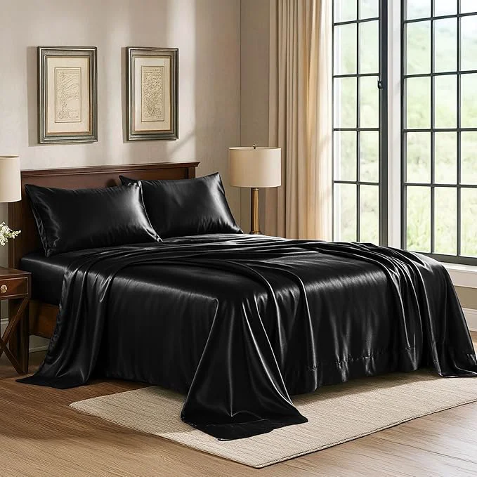Refined Pure Bedding Satin Sheets Twin 3-Piece Black Hotel Luxury Silky Bed Sheets – Extra Soft 1800 Microfiber Sheet Set Wrinkle Fade Deep Pocket Fitted Sheet Flat Sheet Pillow Cases Carefully Designed