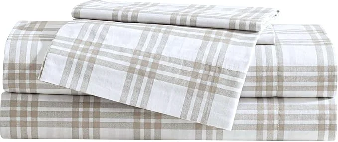 Advanced Eddie Bauer – King Sheet Set Cotton Percale Bedding Set Super Soft and Bedding Set Oeko-Tex Basic Plaid Beige King Crafted