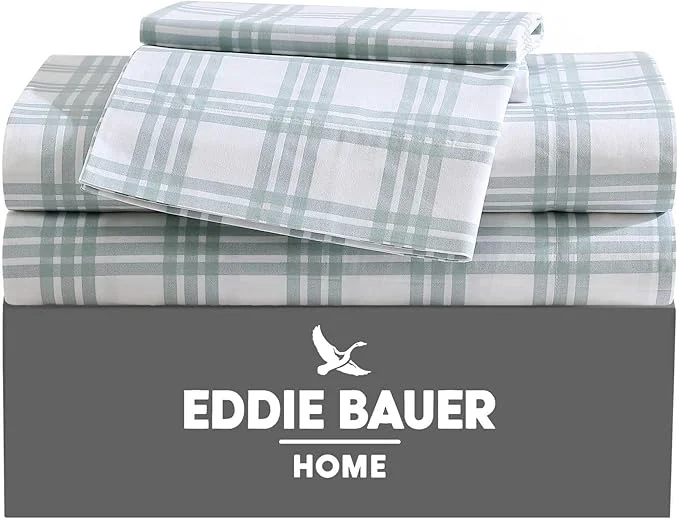 Fine Eddie Bauer – King Sheets Cotton Percale Bedding Set Crisp amp Cool Home Decor Light Green Plaid King High-Grade