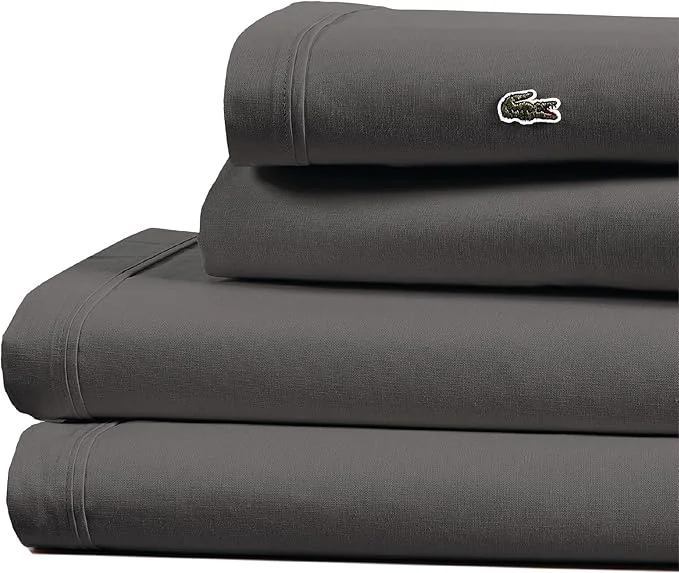Environmentally Friendly Lacoste Cotton Percale 3-Piece Sheet Set – Cool Crisp Matte and Durable Oeko-Tex – Solid Dark Gray Twin XL High-Performance