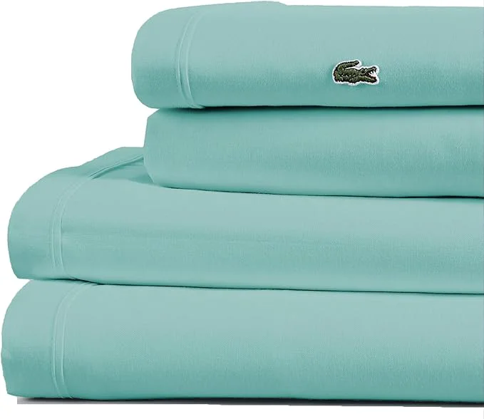 Smart Lacoste Cotton Percale 4-Piece Sheet Set – Cool Crisp Matte and Durable Oeko-Tex – Solid Water Blue California King Premium Material