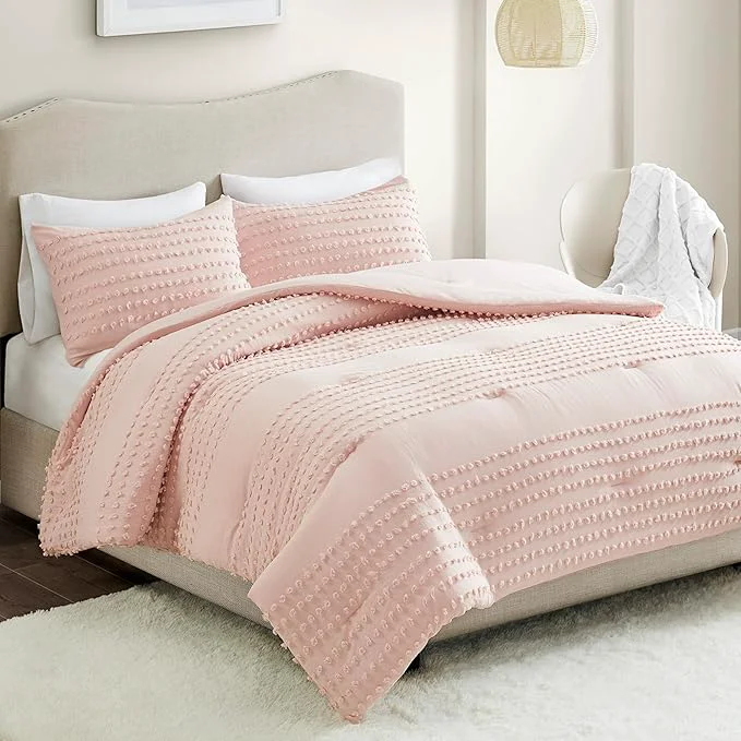 Healthy Comfort Spaces Cotton Comforter Set Jacquard Pom-Pom Tufts Design Down All Season Modern Bedding Matching Shams Full Queen Phillips Blush Premium