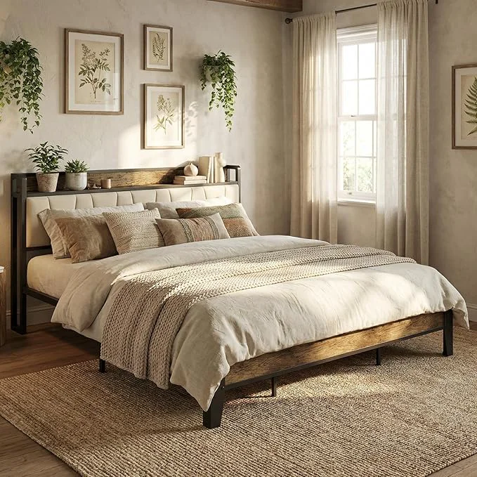 Smart LIKIMIO King Bed Frame Storage Headboard with Charging Station Solid and Stable Noise No Box Spring Needed Easy Assembly Walnut and Beige Verified