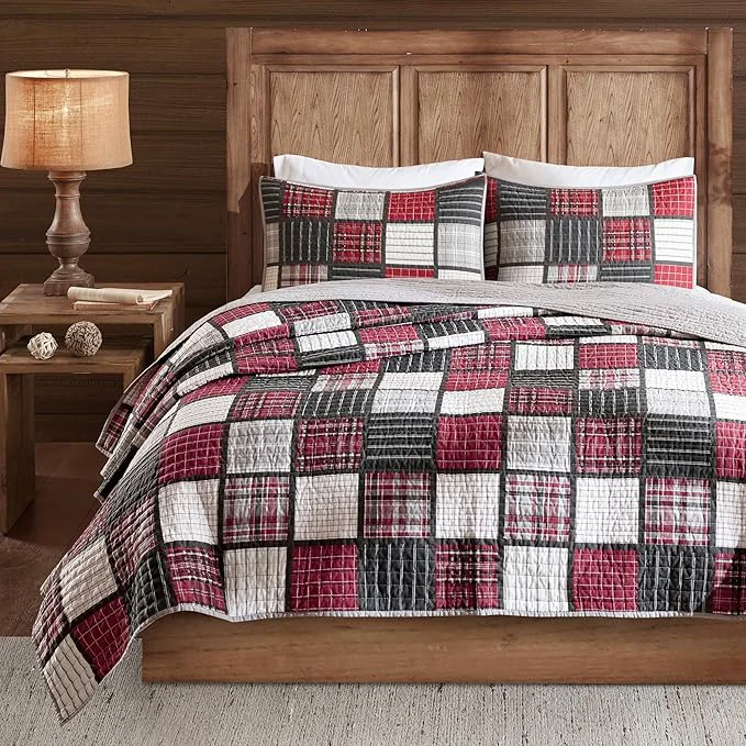 Certified Woolrich Reversible Quilt Cabin Lifestyle Design – All Season Breathable Coverlet Bedspread Bedding Set Matching Shams Oversized Full Queen Tulsa Plaid Red Grey 3 Piece Luxury
