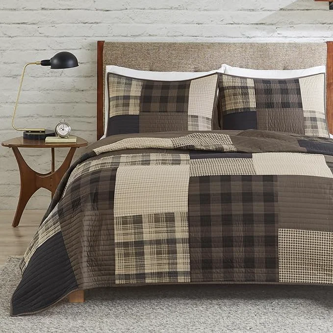 Crafted Woolrich Reversible Cotton Quilt Set – Cottage Styling Reversed to Solid Color All Season Patchwork Lightweight Coverlet Matching Shams Winter Hills Oversized Twin Twin XL Tan 2 Piece Selected