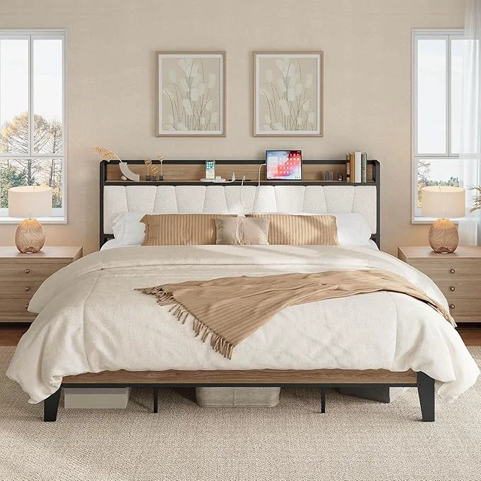 Effective LIKIMIO King Bed Frames Storage Headboard with Charging Station Solid and Stable Noise No Box Spring Needed Easy Assembly Wood and Cream Easy-to-Use