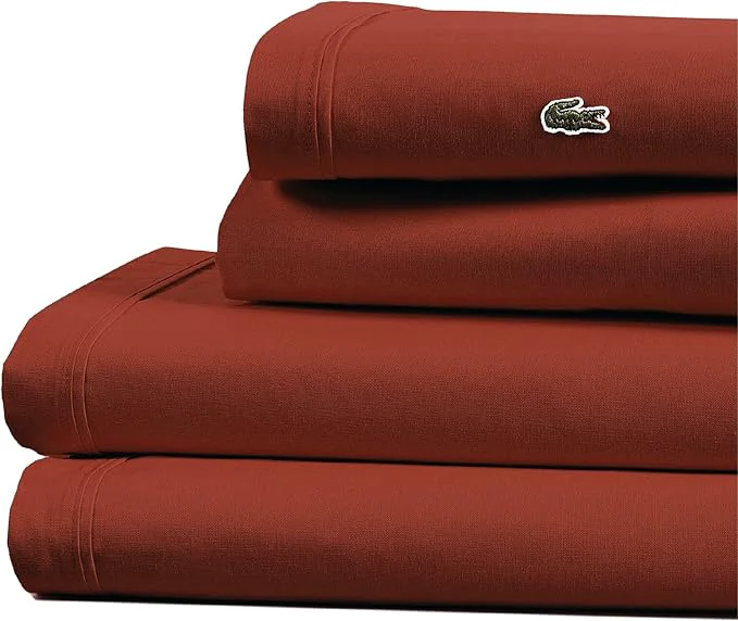 Advanced Lacoste Cotton Percale 4-Piece Sheet Set – Cool Crisp Matte and Durable Oeko-Tex – Solid Chili Pepper King Reusable