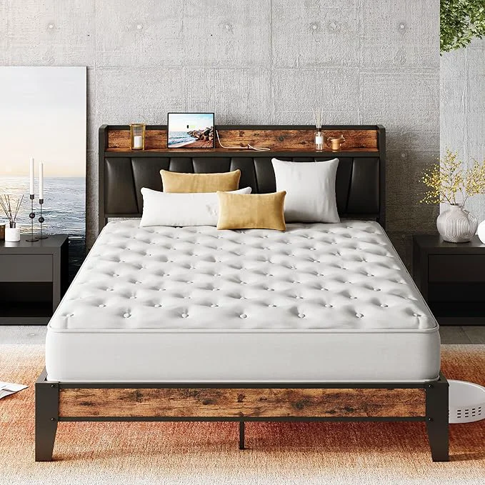 High-Quality LIKIMIO Full XL Bed Frame Storage Headboard with Charging Station Solid and Stable Noise No Box Spring Needed Easy Assembly Vintage and Black Breathable