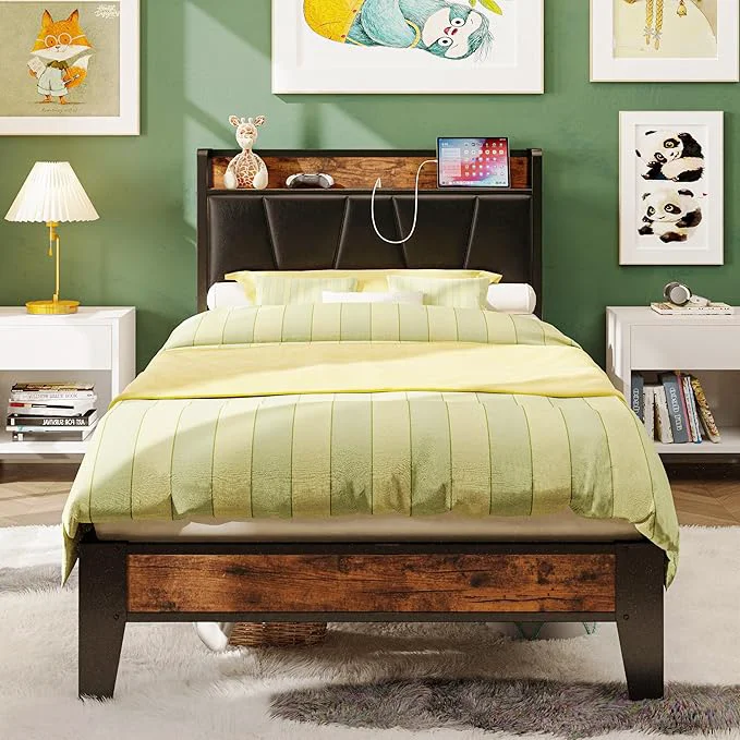 Green LIKIMIO Twin XL Bed Frames Storage Headboard with Charging Station Solid and Stable Noise No Box Spring Needed Easy Assembly Vintage and Black Genuine