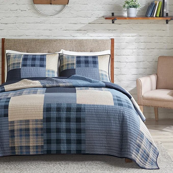 Easy-to-Use Woolrich Quilt Set Patchwork Channel Quilting Cottage Coverlet for Twin Size Bed All Seasons Lightweight Prewashed Cotton Coverlet Bedspread Shams Winter Hills Oversized Full Queen Blue 3 Piece Practical
