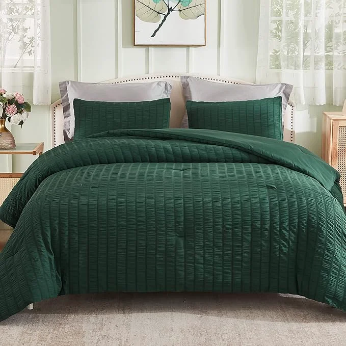 Outstanding AveLom Dark Green Seersucker Full Comforter Set 80×90 inches 3 Pieces- Soft Washed Microfiber Lightweight Comforter with 2 Pillowcases All Season Down Comforter Set for Bedding Dependable