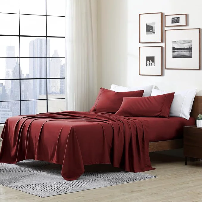 Environmentally Friendly Cathay Home Essentials Ultra Soft Hypoallergenic Wrinkle Resistant Double Brushed Microfiber Bedding Sheet Set Burgundy Twin XL Expertly Made