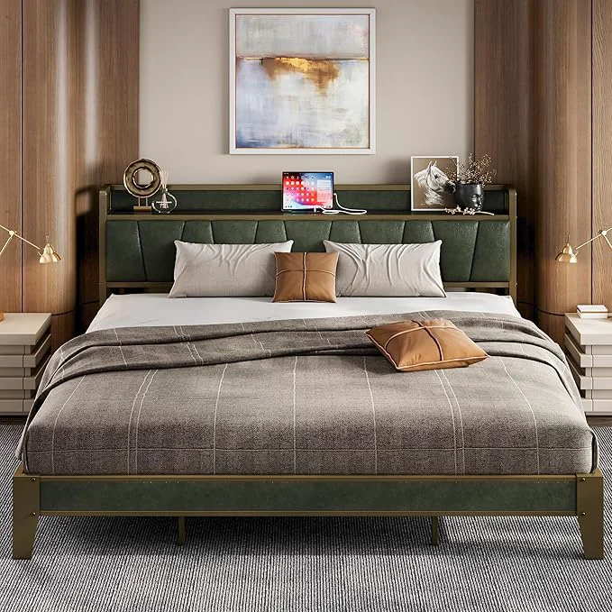 Traditional LIKIMIO King Bed Frame Storage Headboard with Charging Station Solid and Stable Noise No Box Spring Needed Easy Assembly Dark Green Exclusive
