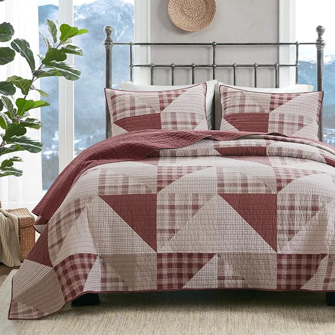 Enhanced Woolrich Reversible Coverlet Set – Cottage Styling Reversed to Solid Color All Season Lightweight Coverlet Cozy Bedding Layer Matching Shams Oversized King Cal King Olsen Red Reversible Lightweight All Season Comfortable