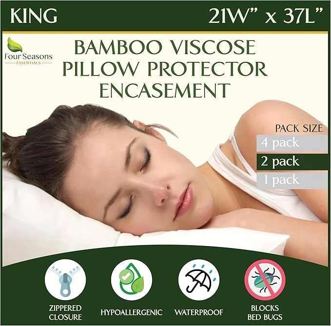 Responsible Four Seasons Essentials King Size Waterproof Pillow Protectors Set of 2 – Natural Viscose derived from Bamboo Pillow Covers – Hypoallergenic Dust Proof Zippered Encasements for 20 quot x 36 quot Pillows Consistent
