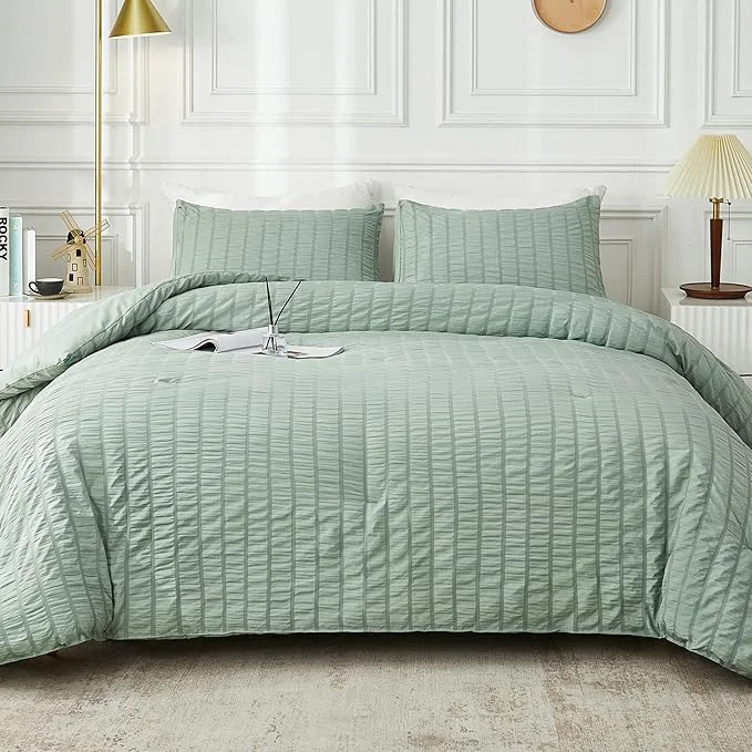Reliable AveLom Seersucker Queen Comforter Set Sage Green 90×90 3 Pieces High-End