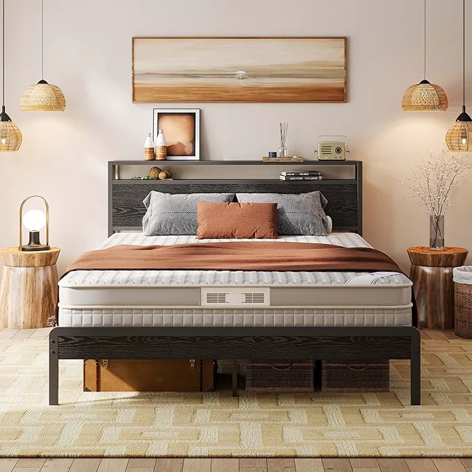 World-Class LIKIMIO Queen Bed Frame with Headboard Dark Wood Camas Queen with Strong Supports Sturdy Noise- No Box Spring Needed Black Effective