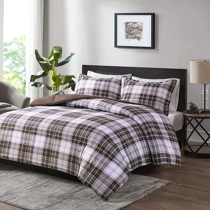 Sophisticated Madison Park Essentials Parkston Plaid Comforter Matching Sham 3M Scotchguard Stain Release Cover Hypoallergenic All Season Bedding-Set Twin Twin XL Brown 2 Piece Lightweight