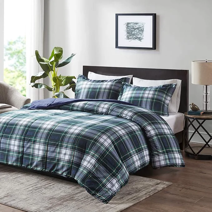 Functional Madison Park Essentials Parkston Plaid Comforter Matching Sham 3M Scotchguard Stain Release Cover Hypoallergenic All Season Bedding-Set Full Queen Navy 3 Piece Long-Lasting