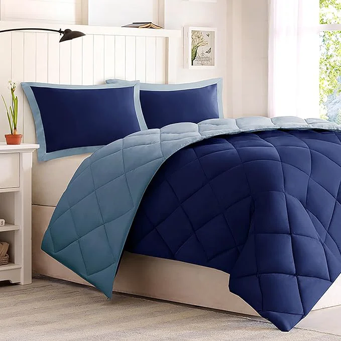 Elegant Madison Park – BASI10-0199 Larkspur All Season Reversible Two Sides Down Set 3M Stain Release Comforters Full Queen Navy Light Blue Optimized
