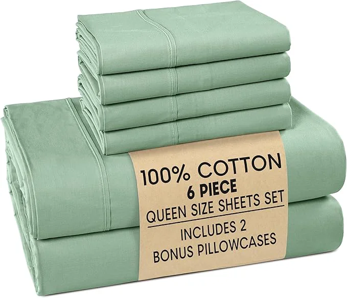 Casa Platino Queen Bed Sheets – Cotton Sheets with 4 Pillowcases Crisp Percale Weave amp Cozy Feel Cooling amp Breathable Queen Sheet Set with 15 quot Deep Pocket Excellent Quality amp Fit – Sage Green Specialty