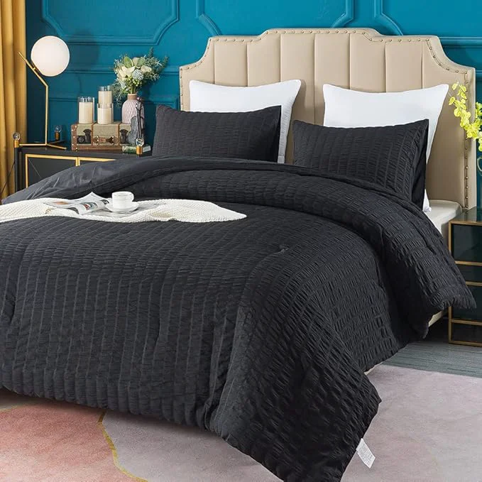 AveLom Seersucker Full Comforter Set 80×90 inches 3 Pieces – Soft Washed Microfiber Lightweight Comforter with 2 Pillowcases All Season Down Comforter Set for Bedding Black Professional