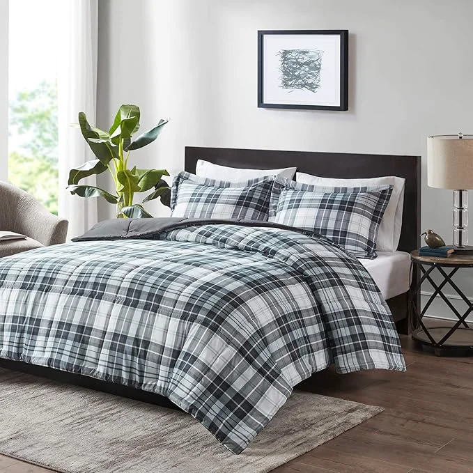 Elite Madison Park Essentials Parkston Plaid Comforter Matching Sham 3M Scotchguard Stain Release Cover Hypoallergenic All Season Bedding-Set King California King Black 3 Piece Top-Quality