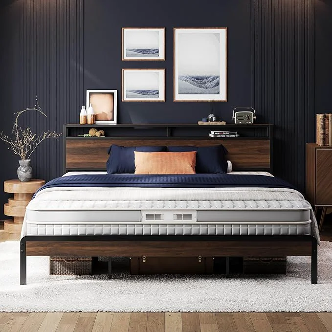 Premium LIKIMIO King Bed Frame with Headboard Dark Wood Camas King with Strong Supports Sturdy Noise- No Box Spring Needed Dark Walnut Relaxed