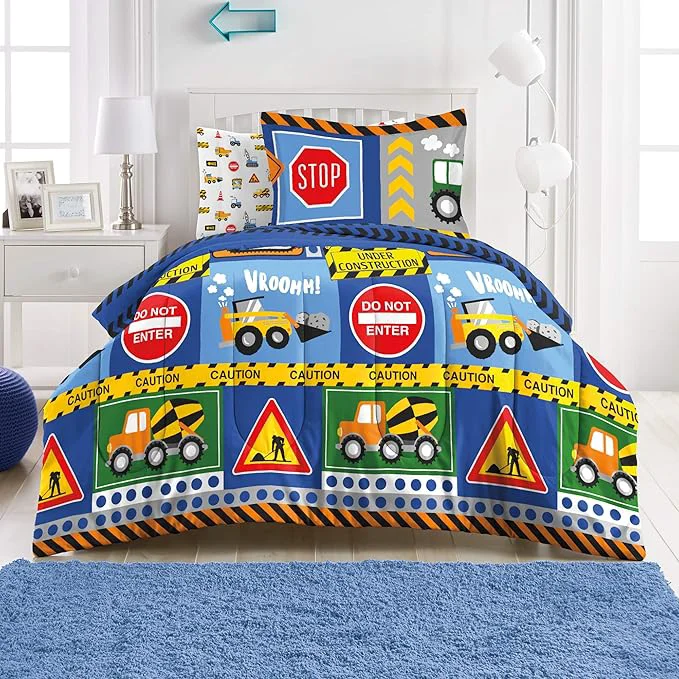 Quality dream FACTORY Kids 5-Piece Complete Set Easy-Wash Super Soft Microfiber Comforter Bedding Twin Navy Blue Under Construction Versatile