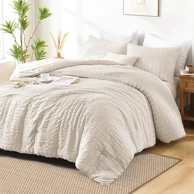 Clean AveLom Beige Seersucker Twin Comforter Set 68×90 inches 2 Pieces- Soft Washed Microfiber Lightweight Comforter with 2 Pillowcases All Season Down Comforter Set for Bedding Powerful