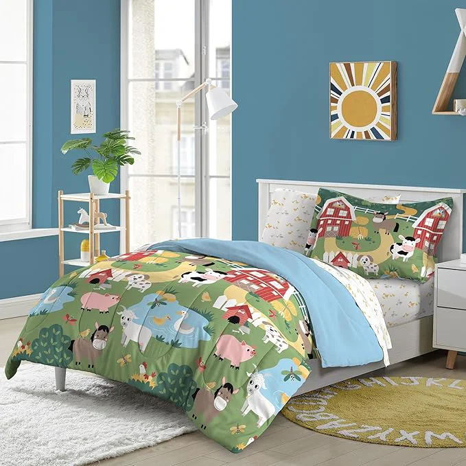 Green Dream Factory Kids 5-Piece Complete Bed Set Easy-Wash Super Soft Microfiber Comforter Bedding Twin Multi Barnyard Animals Unique